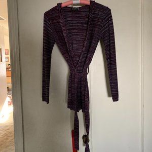 CENY Long Open Front w/Belt Hooded Knit Cardigan
